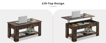 Lift Top Coffee Table with Hidden and Open Storage Shelf, Wooden Sofa Side Tea Table, Extendable Center Table for Living Room
