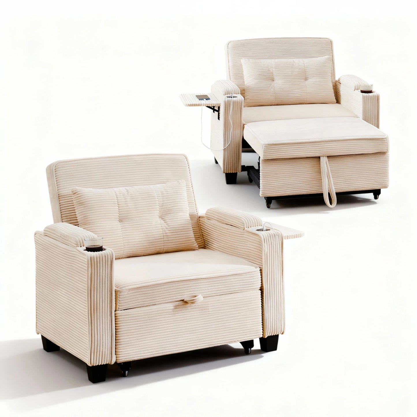 3-in-1 Single Sofa Bed with USB and Type-C, Adjustable Backrest TV Chair with Drink Holder and Armrest for Small Room Apartments