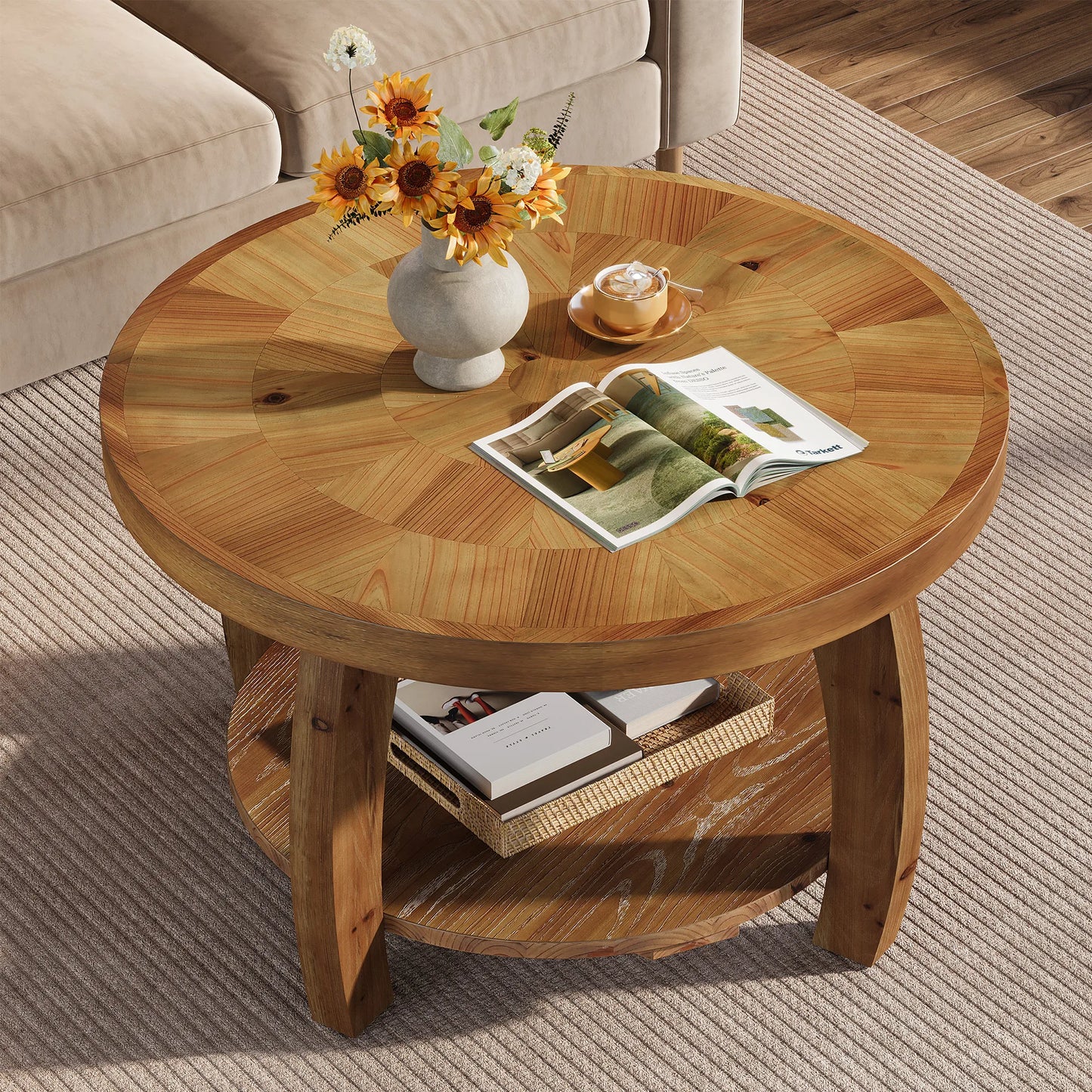 Table basse Yvonne — finition marron, bois massif, rangement intégré, 2 niveaux