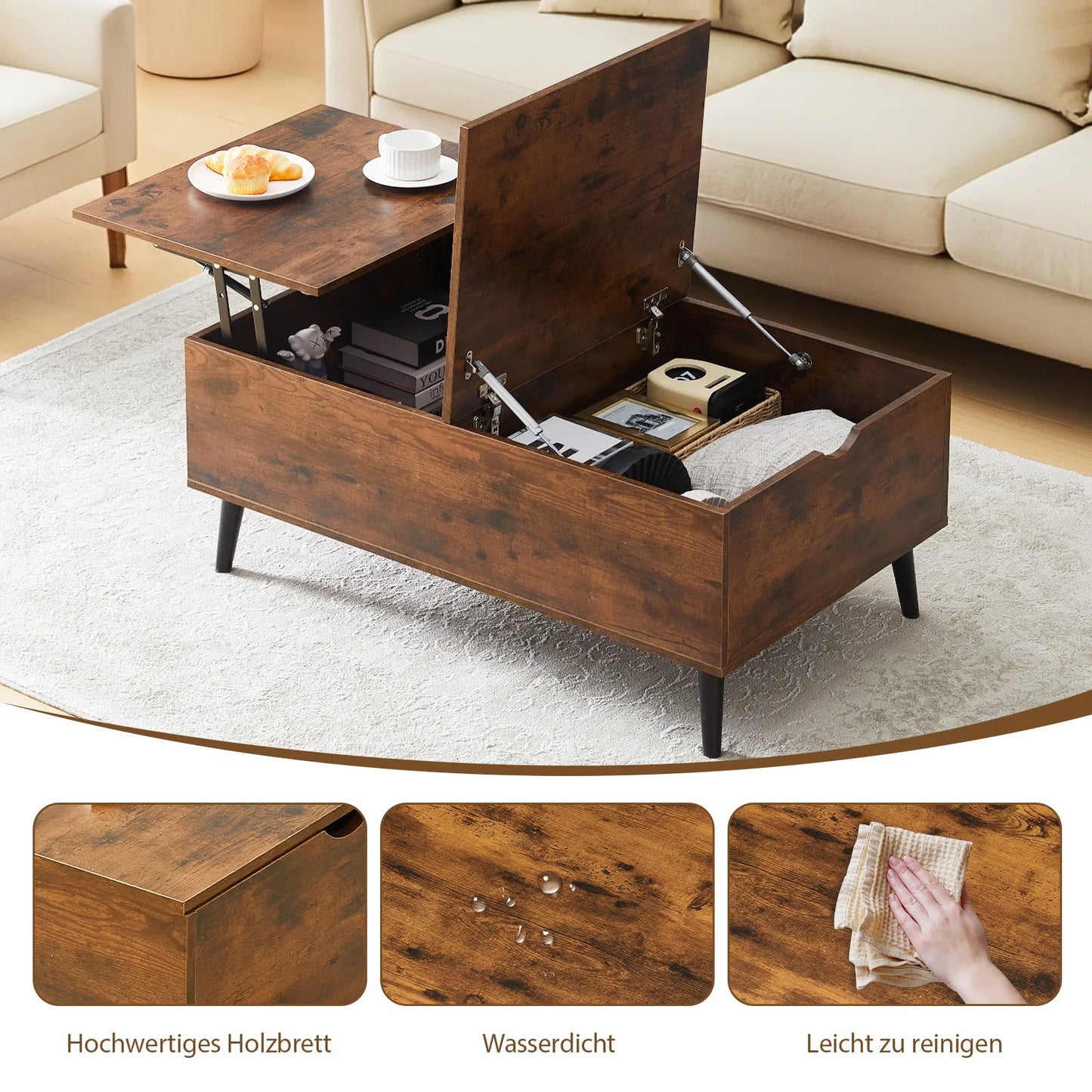 Lift Top Coffee Table with Storage, Wooden Sofa Side Tea Table for Living Room, Storage Cabinet with Hidden Compartments