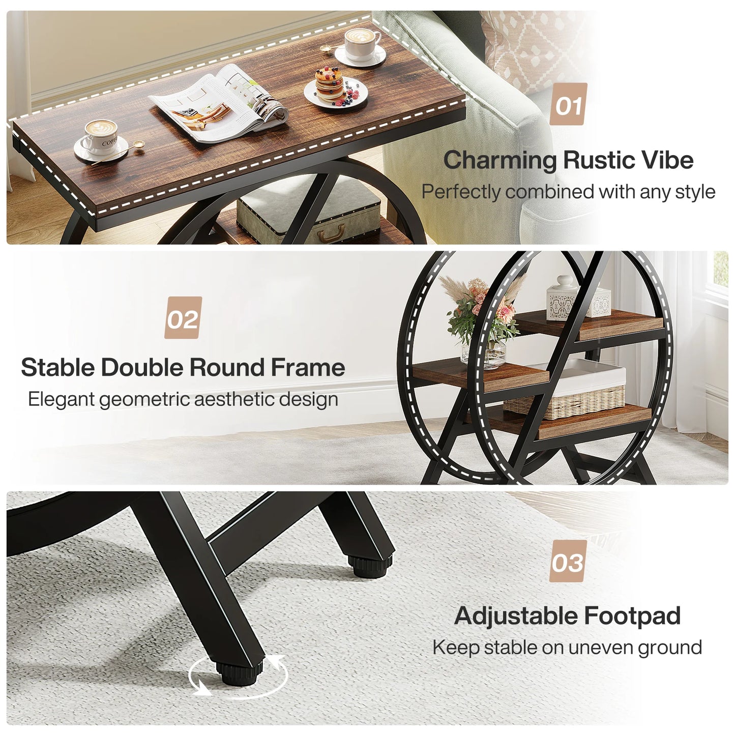 Table d'appoint André — bois, métal, rangement intégré, 3 niveaux