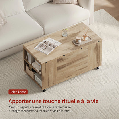 WOLTU Double Lift Top Coffee Table with Wheels Wood Sofa Table with Drawer and Storage Shelf Height-Adjustable Extendable for Living Room