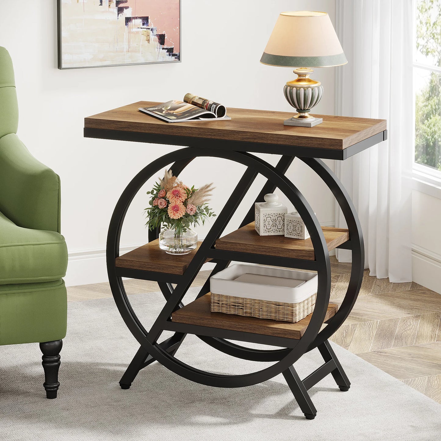 Table d'appoint André — bois, métal, rangement intégré, 3 niveaux