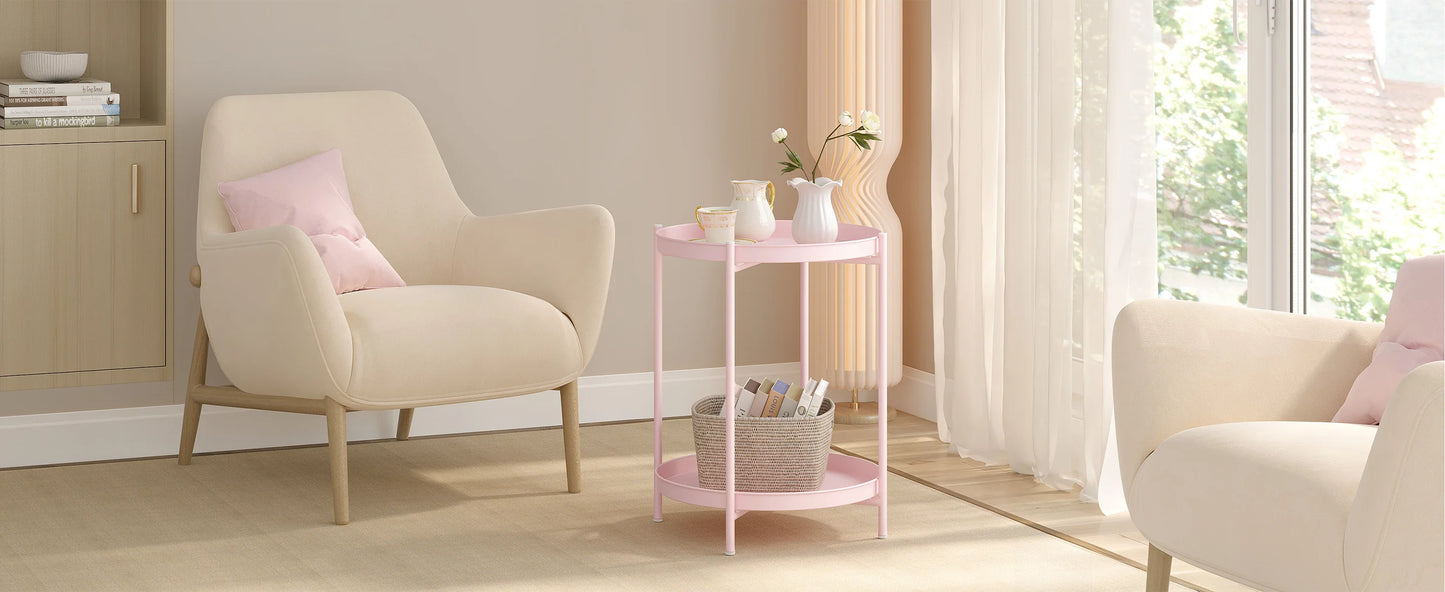 WOLTU Round Coffee Table Metal Side Table with Storage Space 2 Removable Trays Bedside Table for Bedroom Living Room Decor