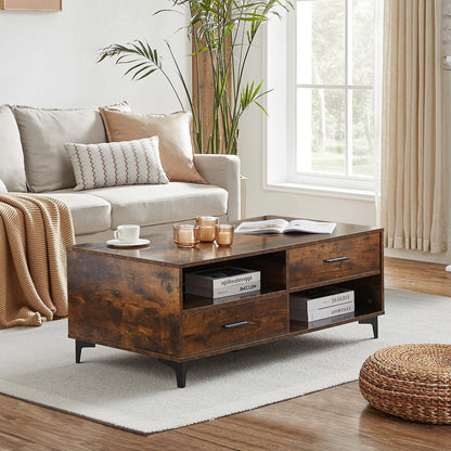 Coffee Table with Storage, Wooden Centre Table Living Room with 4 Drawers and 4 Open Shelves, Modern Rectangle Tea Table