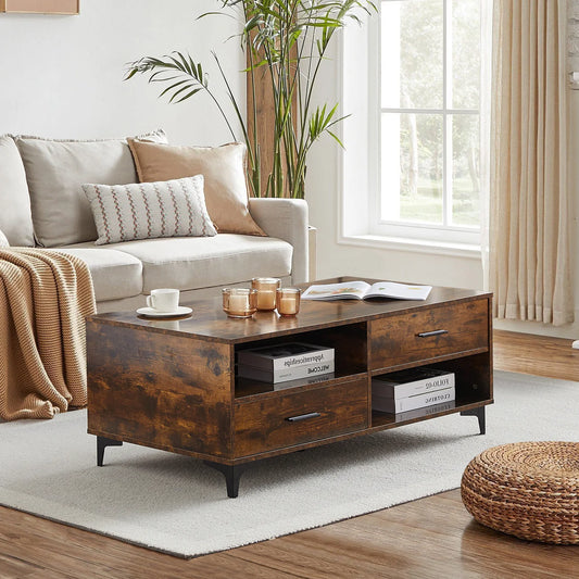 Coffee Table with Storage, Wooden Centre Table Living Room with 4 Drawers and 4 Open Shelves, Modern Rectangle Tea Table
