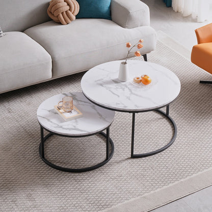 Table basse Luc — finition blanche, bois, marbre, métal