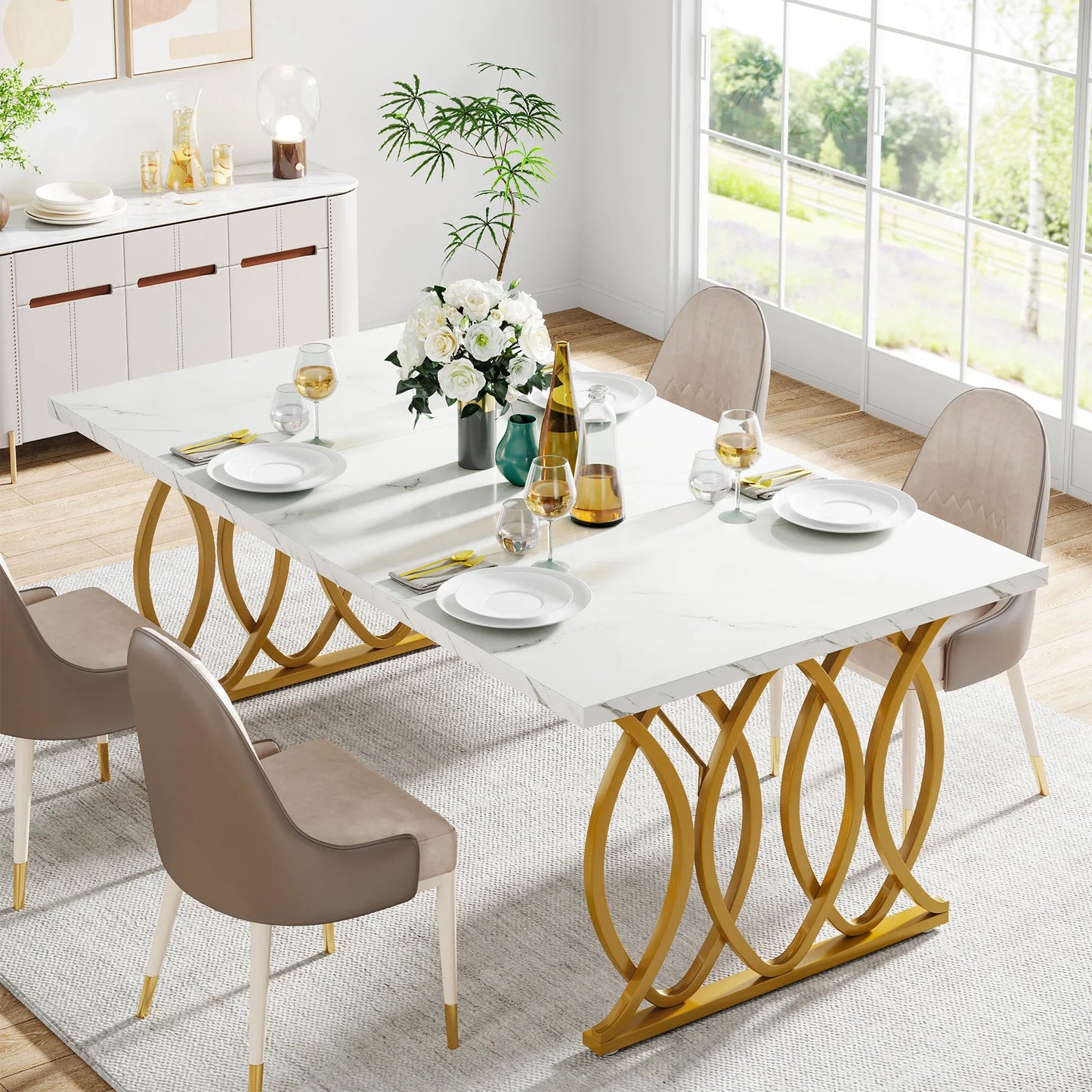 Table de salle à manger Louise — finition blanche, marbre, design contemporain, rectangulaire
