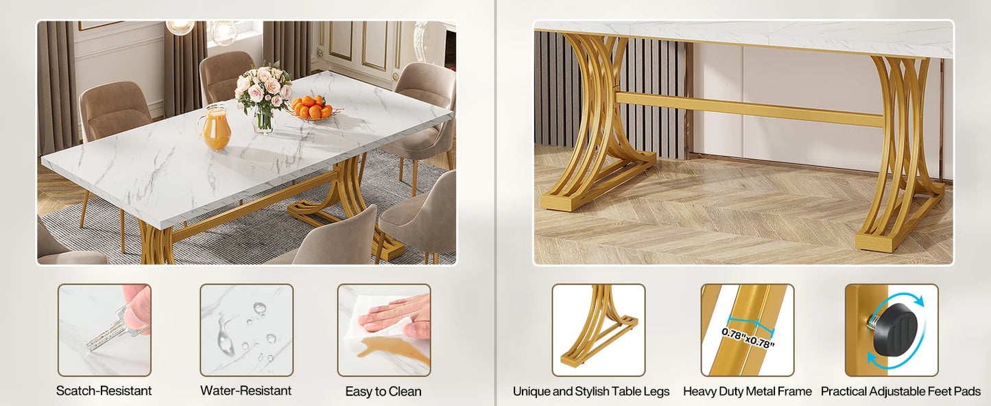 Table de salle à manger Louise — finition blanche, marbre, design contemporain, rectangulaire