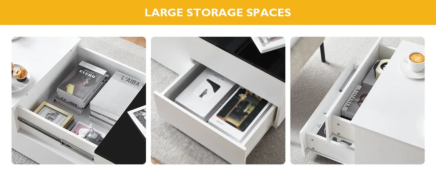 High Gloss Coffee Table, White Black Sofa Side Table with 4 Drawers, Rectangular Living Room Centre Table for Living Room Office