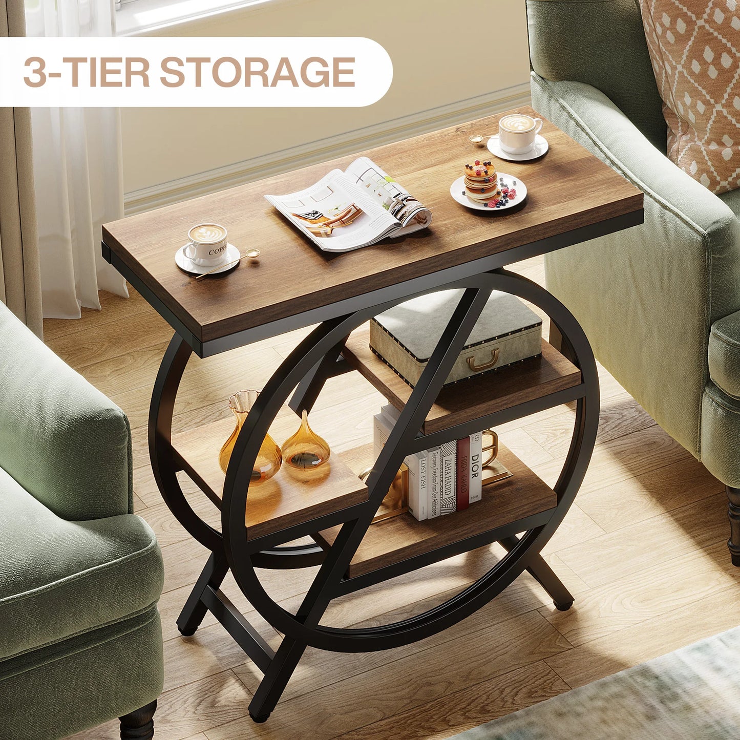 Table d'appoint André — bois, métal, rangement intégré, 3 niveaux