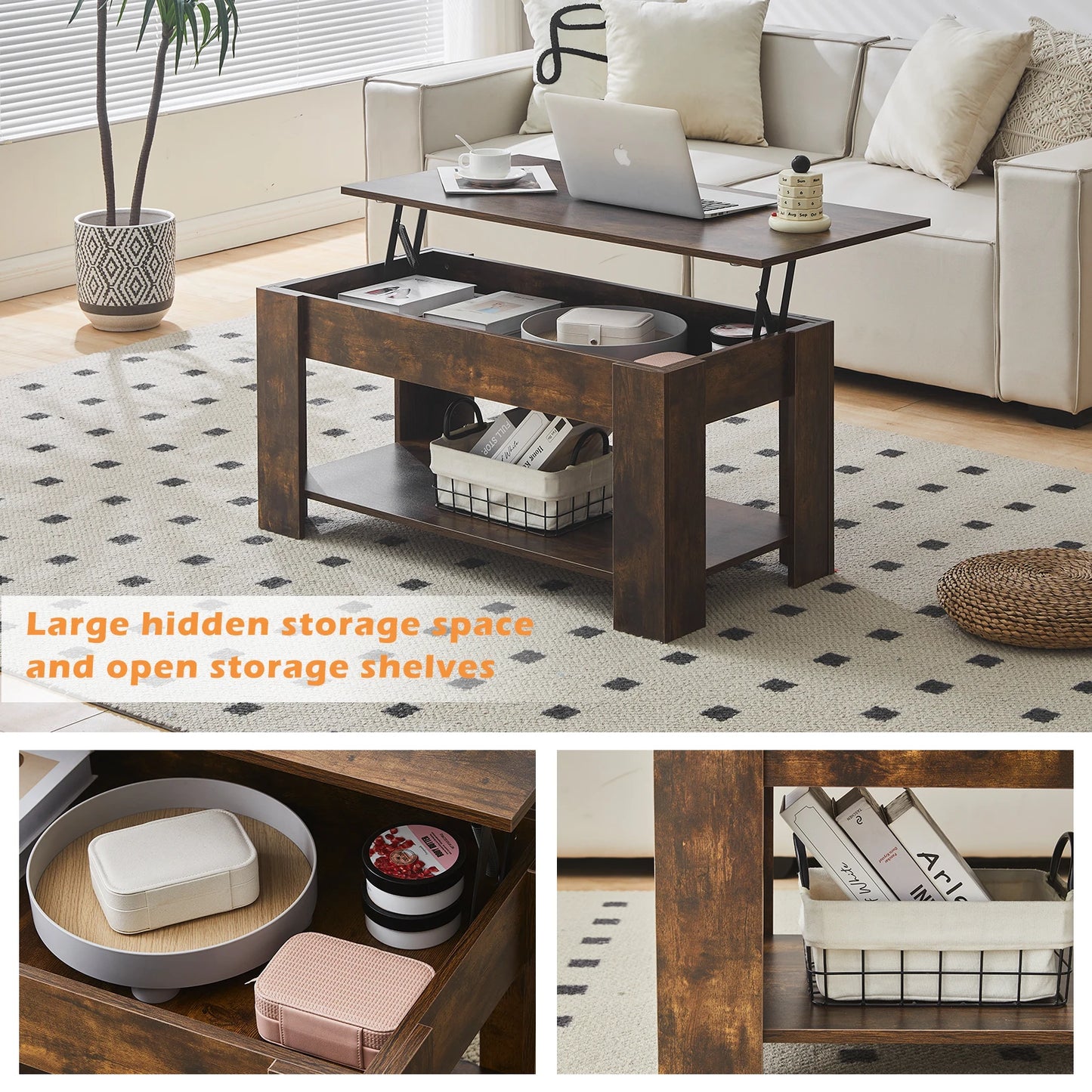 Lift Top Coffee Table with Hidden and Open Storage Shelf, Wooden Sofa Side Tea Table, Extendable Center Table for Living Room