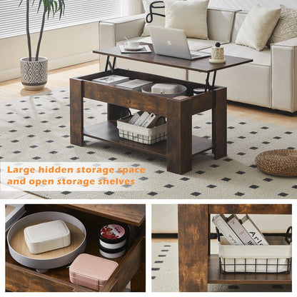 Lift Top Coffee Table with Hidden and Open Storage Shelf, Wooden Sofa Side Tea Table, Extendable Center Table for Living Room