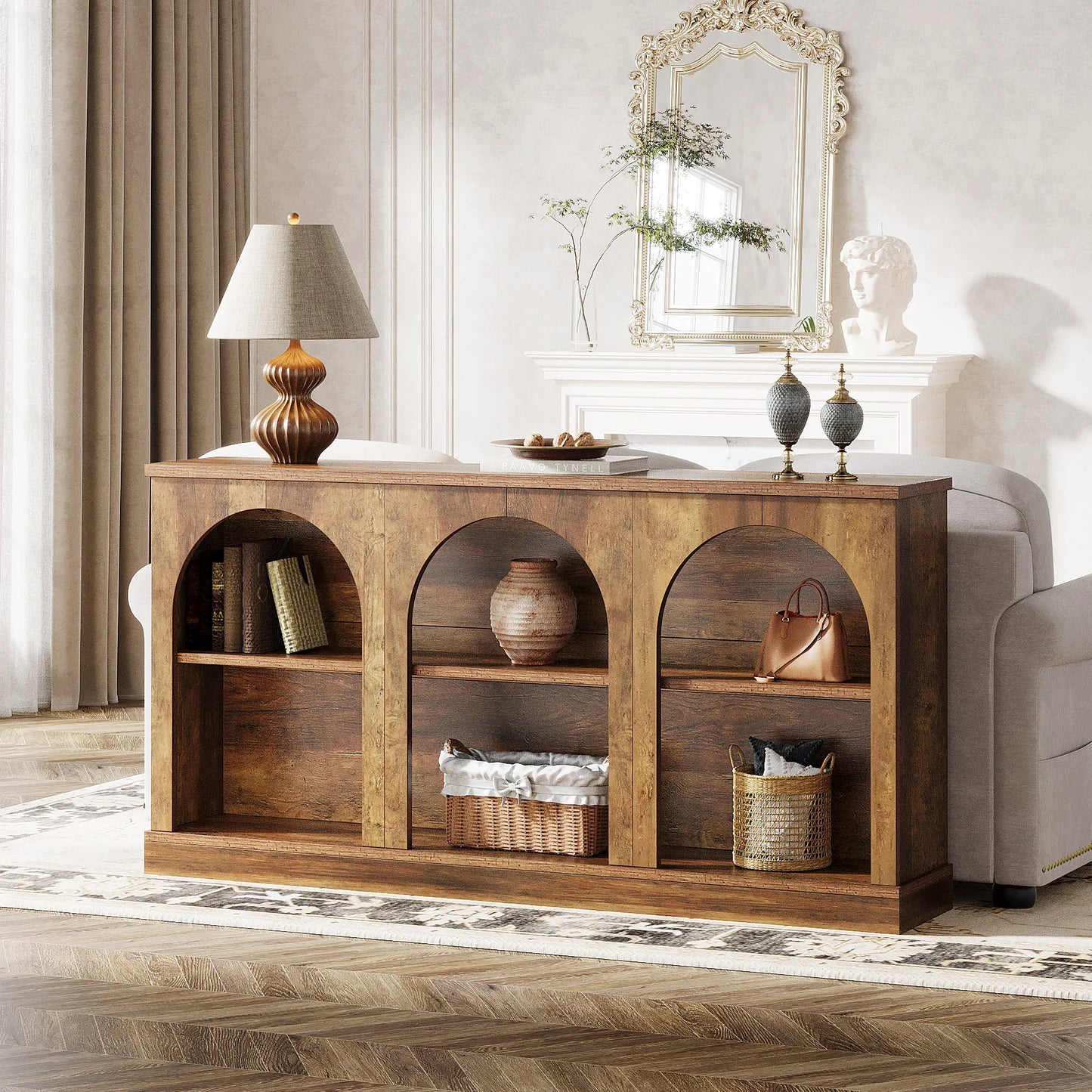 Console Éva — bois, métal, rangement intégré, 3 niveaux