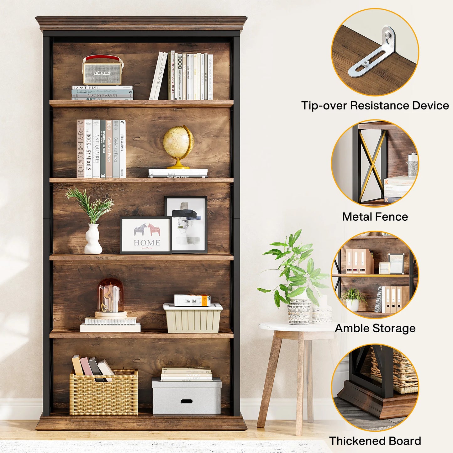 Bibliothèque Delphine — style industriel, rangement intégré, 6 niveaux, étagères ouvertes