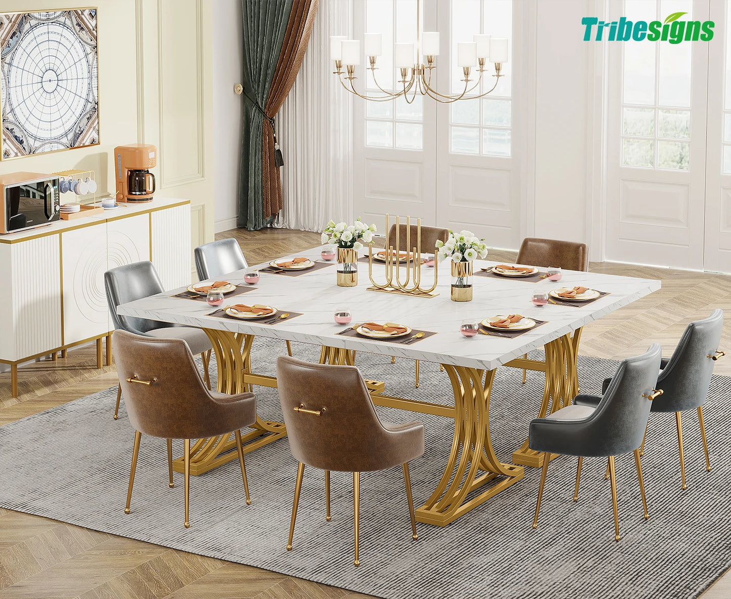 Table de salle à manger Louise — finition blanche, marbre, design contemporain, rectangulaire