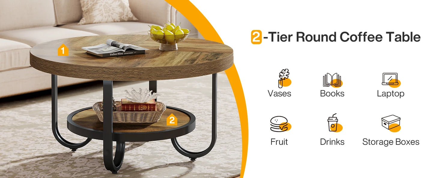 Table basse Ursule — rangement intégré, 2 niveaux, ronde, étagères ouvertes