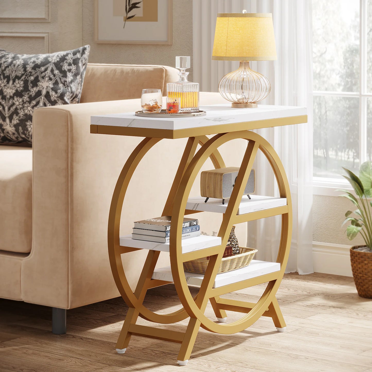 Table d'appoint André — bois, métal, rangement intégré, 3 niveaux
