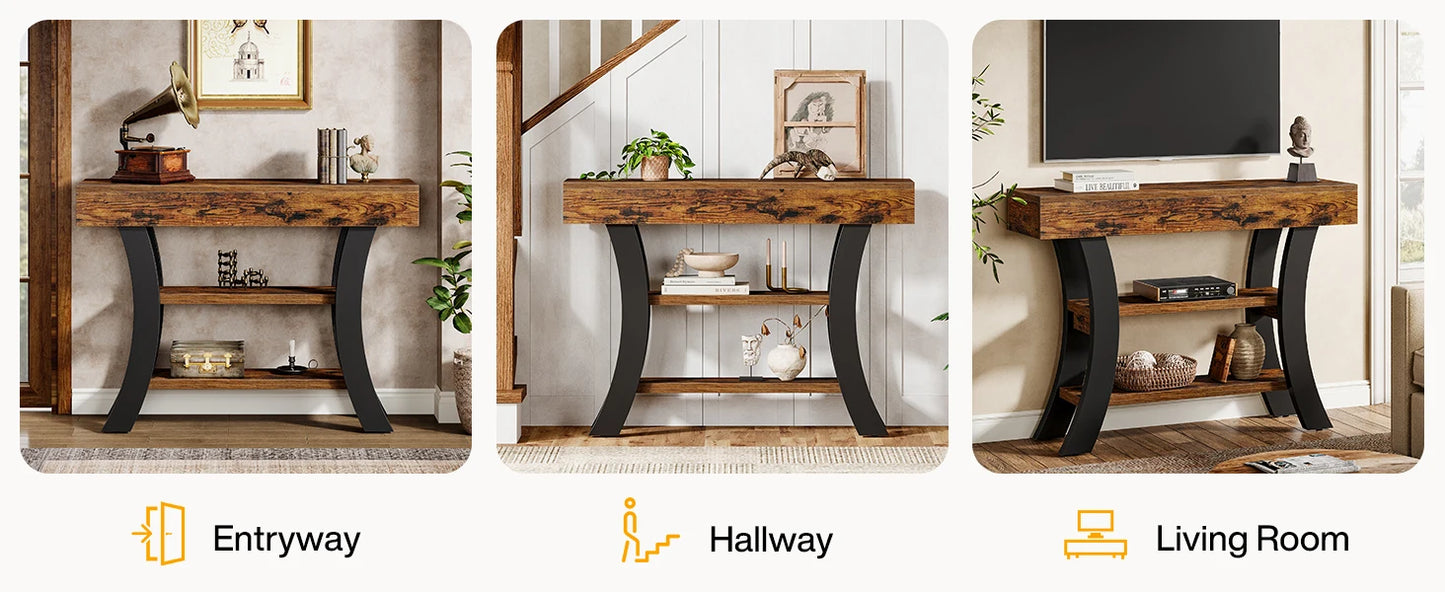 Console Valérie — style rustique, rangement intégré, 3 niveaux, étagères ouvertes
