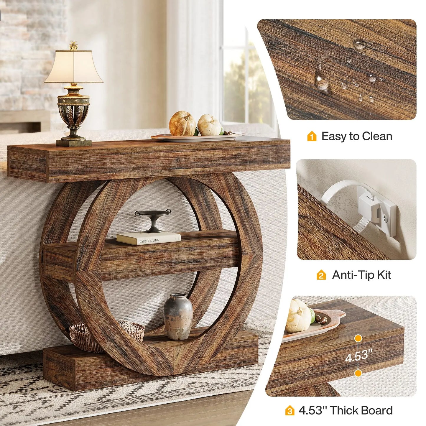 Console Franck — bois, métal, rangement intégré, 3 niveaux