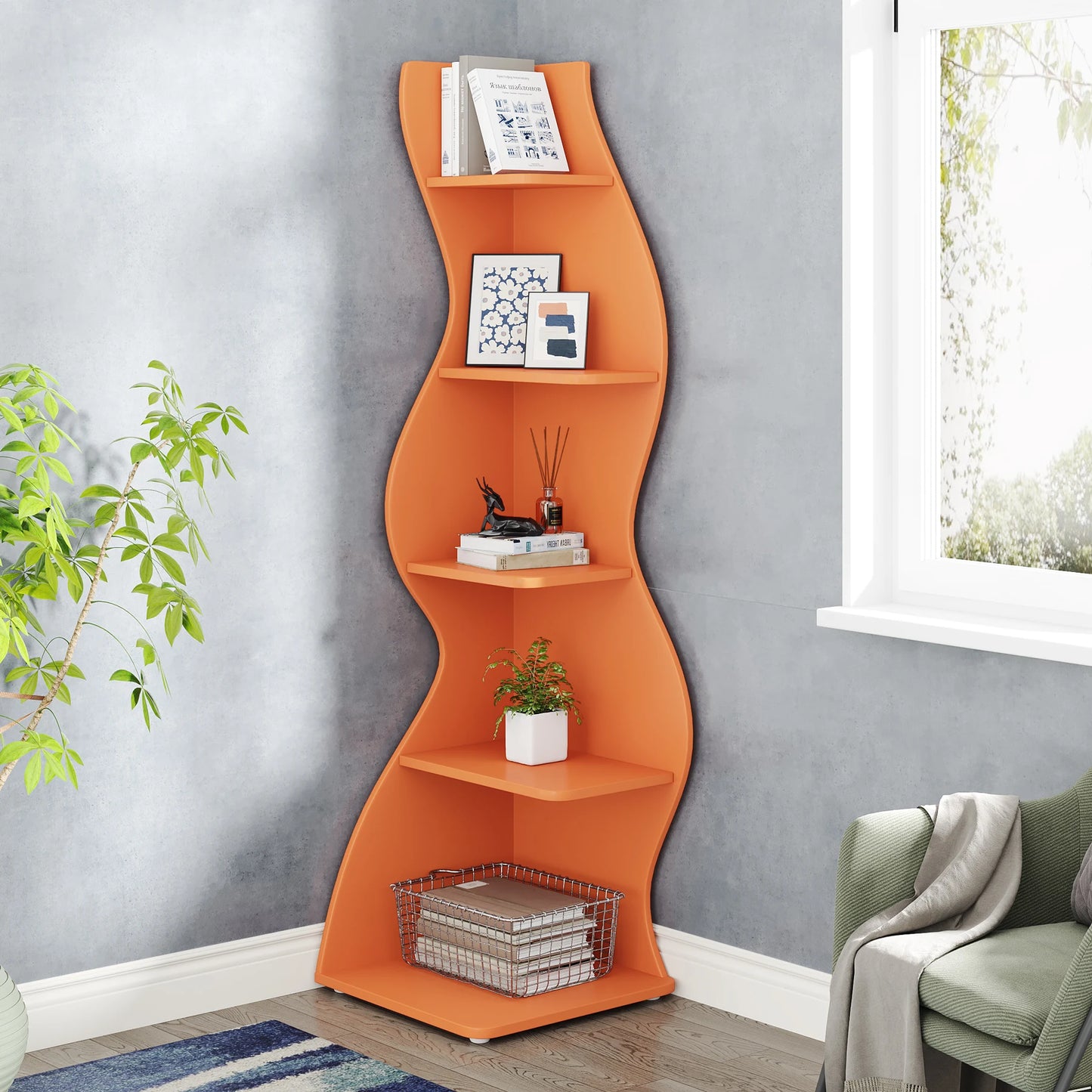 Bibliothèque Jules — design contemporain, rangement intégré, 5 niveaux, meuble d'angle