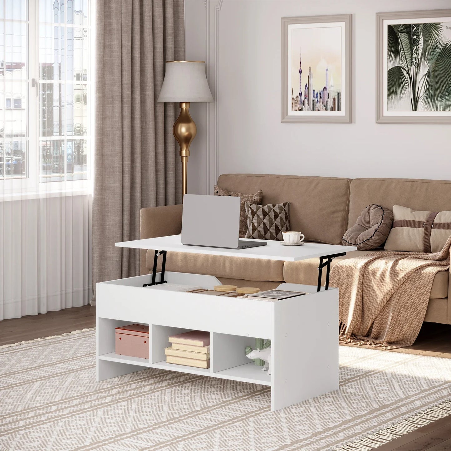 WOLTU Liftable Coffee Tea Table with Storage White Side Table Height-adjustable Rectangular Sofa Table for Living Room Bedroom