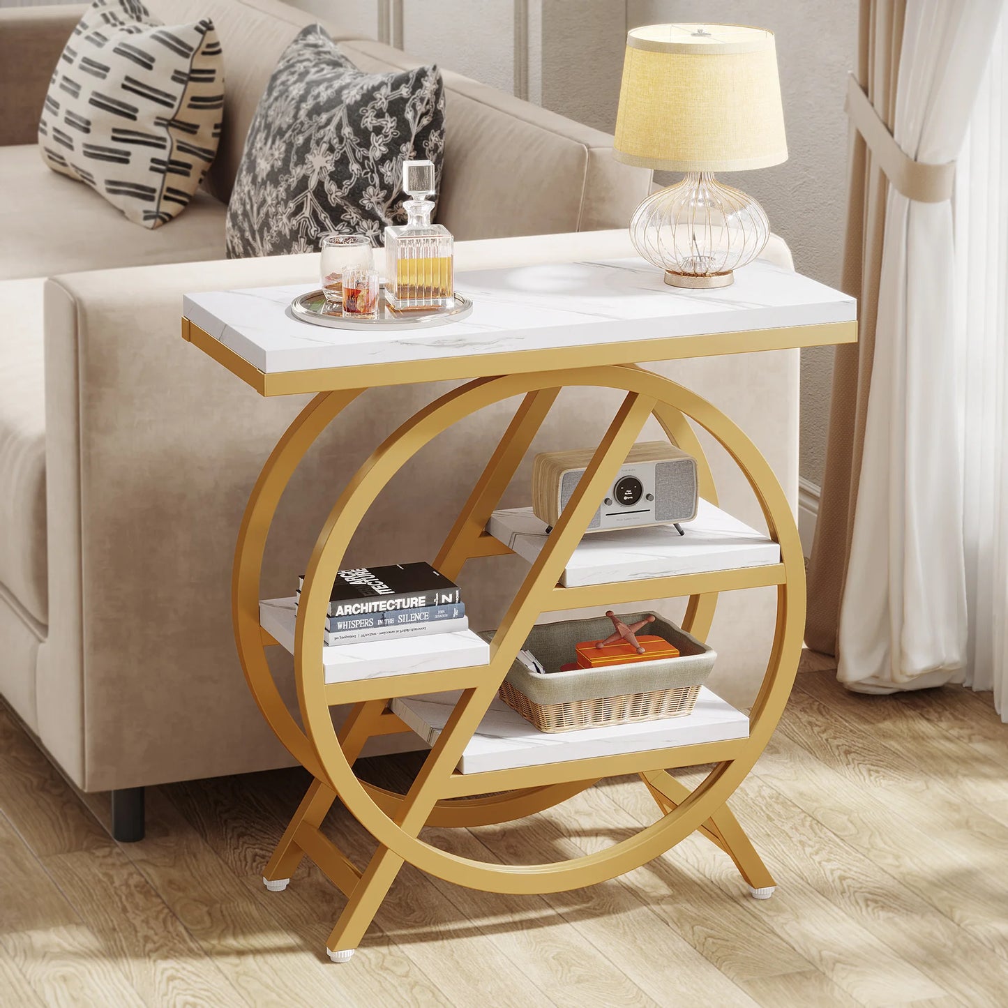 Table d'appoint André — bois, métal, rangement intégré, 3 niveaux