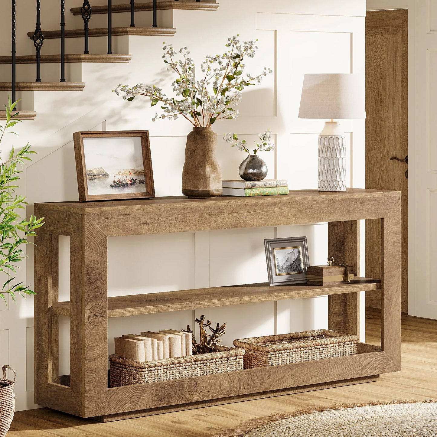 Console Béatrice — finition marron, bois, métal, rangement intégré