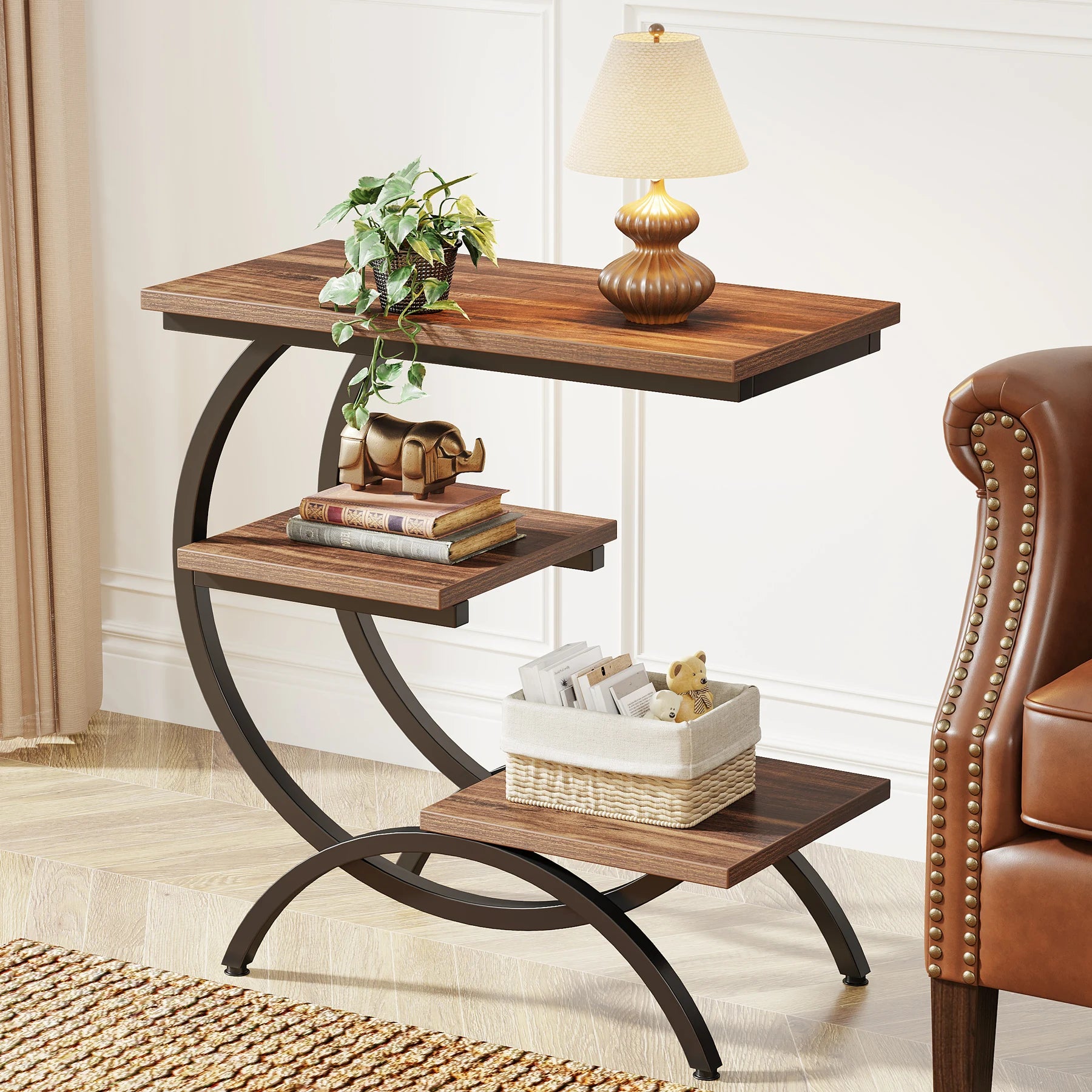 Table d'appoint Tanguy — bois, style industriel, rangement intégré, 3 niveaux