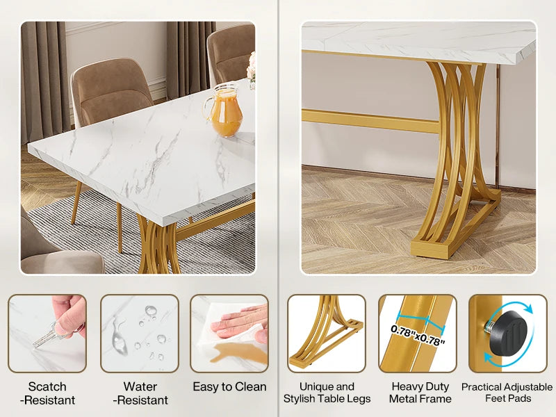 Table de salle à manger Louise — finition blanche, marbre, design contemporain, rectangulaire