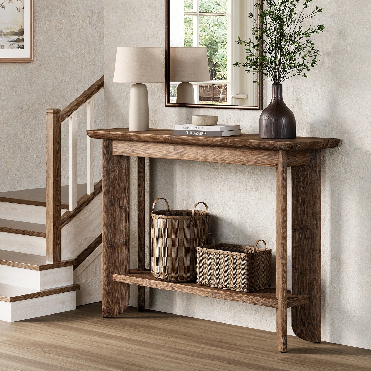 Console Inès — finition noyer, bois massif, design contemporain, 2 niveaux