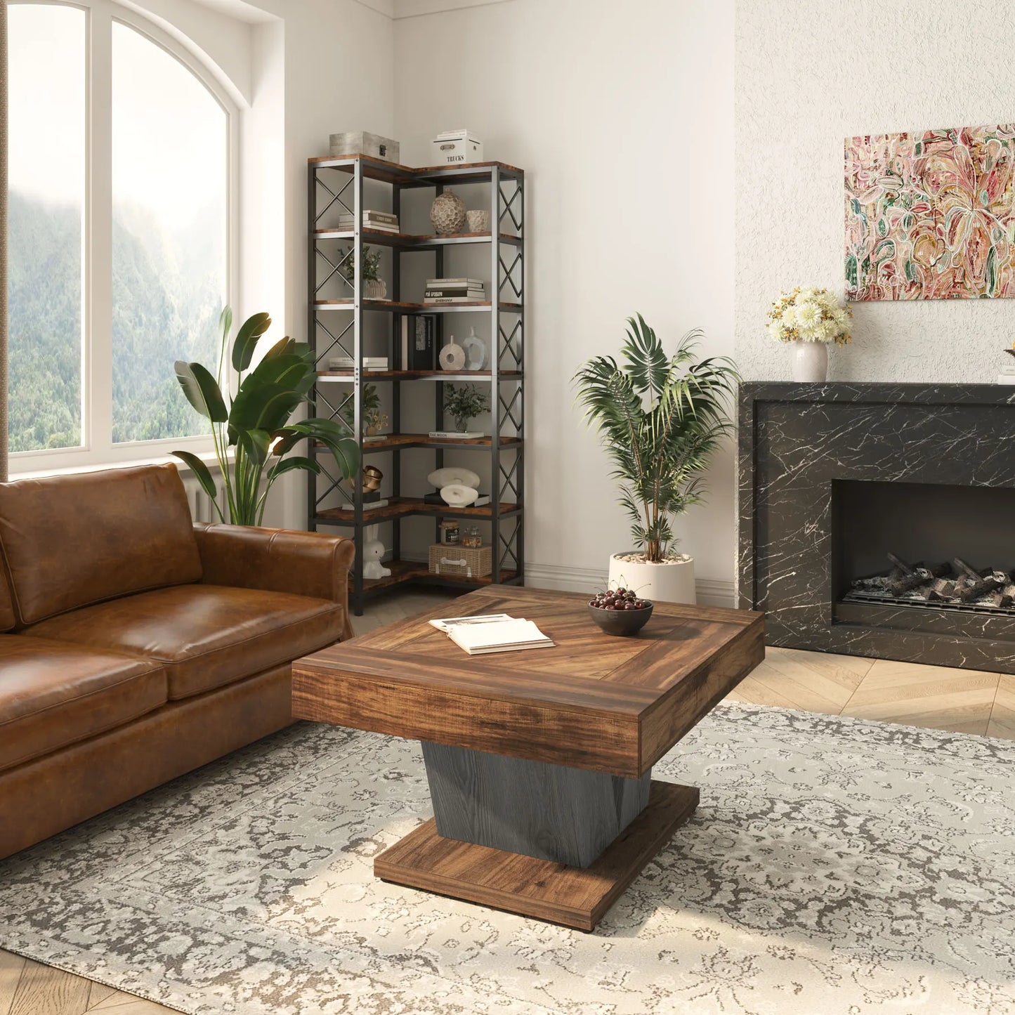 Table basse Léon — finition noir, bois, style rustique, carrée