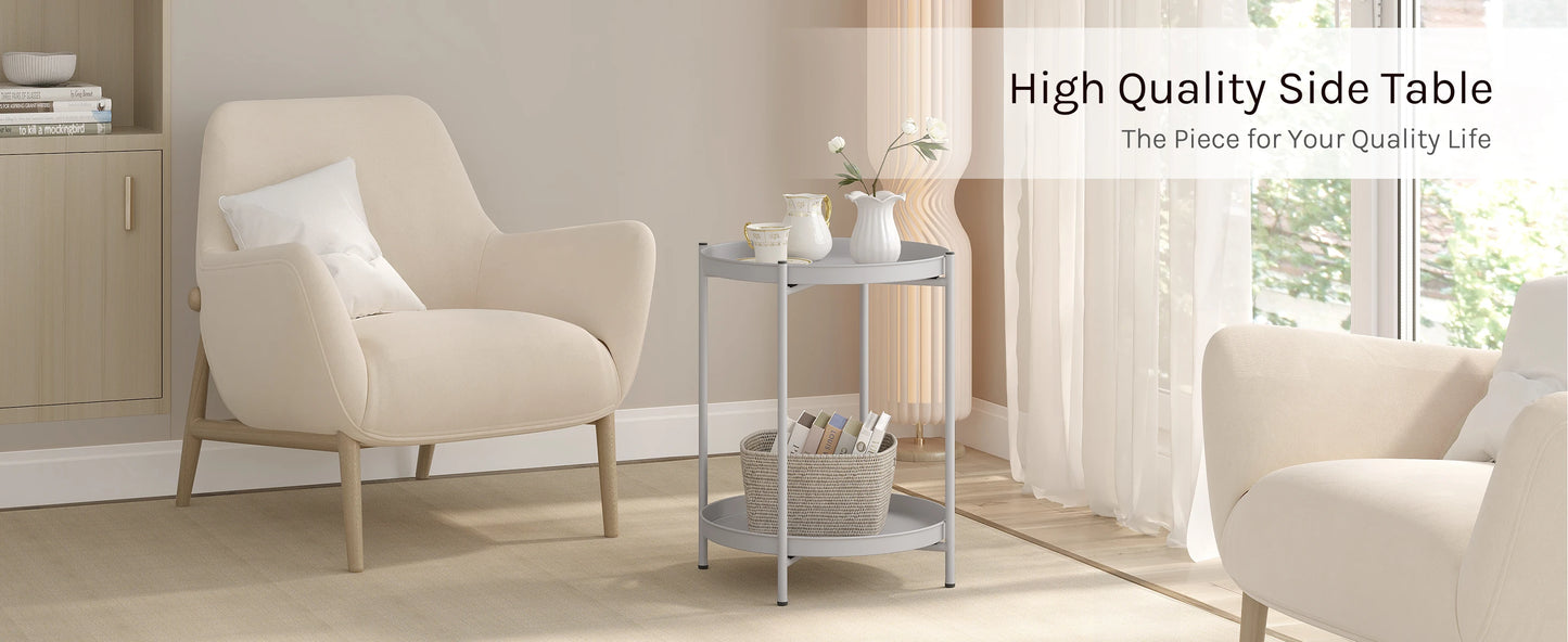 WOLTU Round Coffee Table Metal Side Table with Storage Space 2 Removable Trays Bedside Table for Bedroom Living Room Decor
