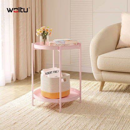 WOLTU Round Coffee Table Metal Side Table with Storage Space 2 Removable Trays Bedside Table for Bedroom Living Room Decor