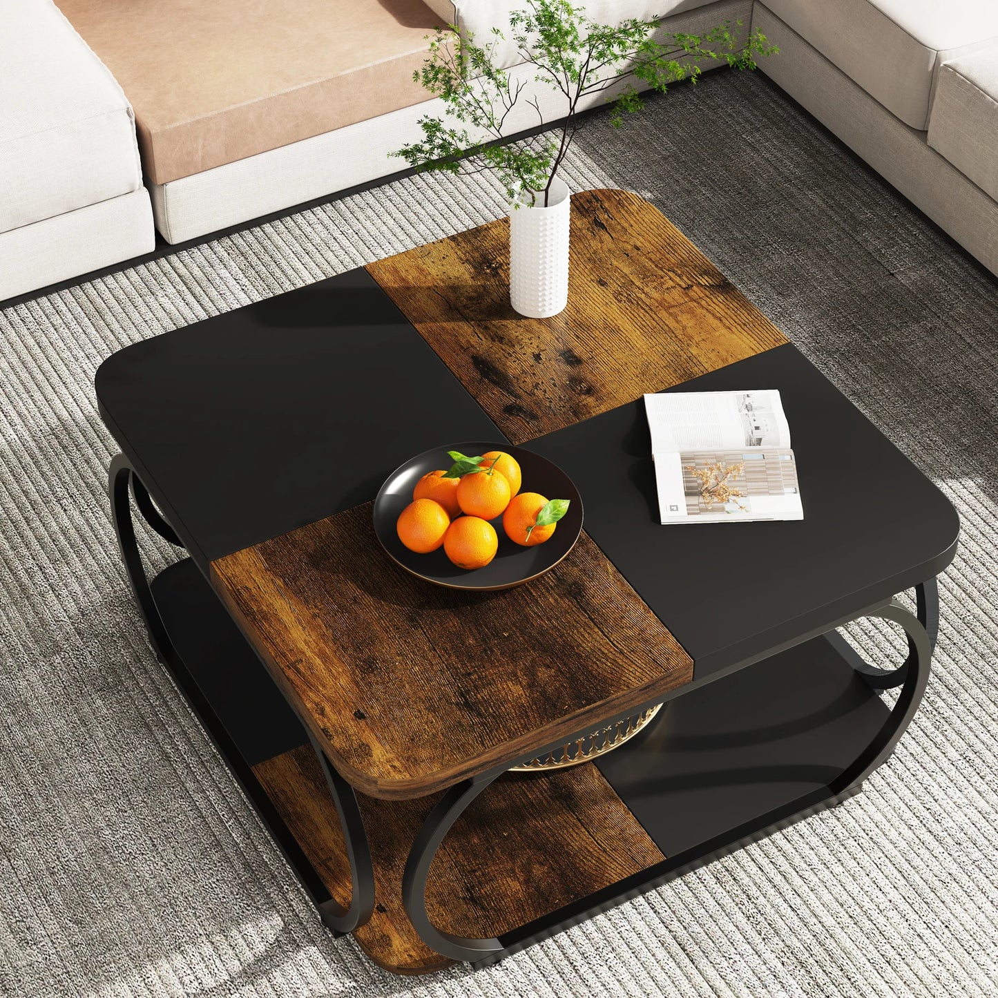 Table basse Mélanie — bois, métal, rangement intégré, 2 niveaux
