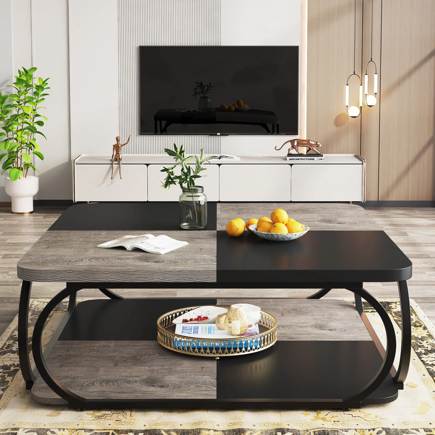 Table basse Mélanie — bois, métal, rangement intégré, 2 niveaux