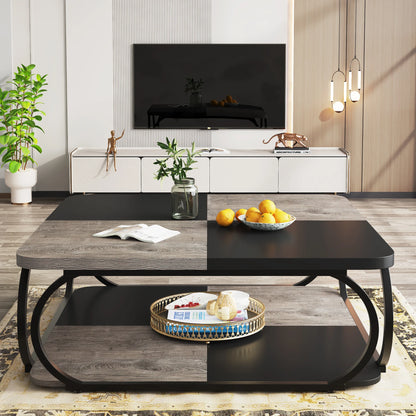 Table basse Mélanie — bois, métal, rangement intégré, 2 niveaux