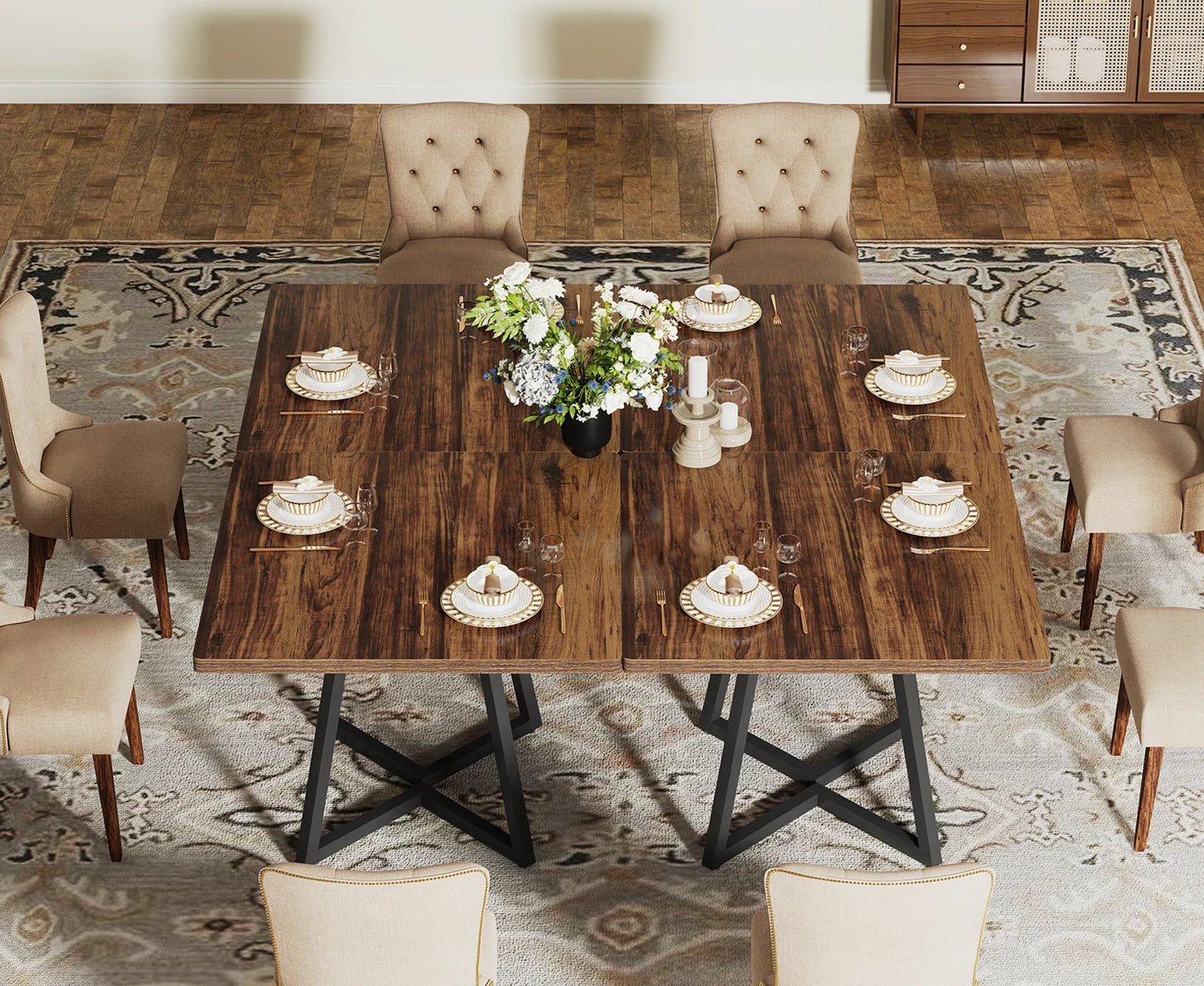 Table de salle à manger Astrid — bois, métal, style industriel, carrée