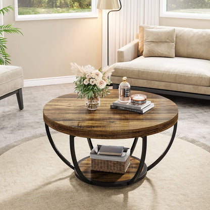 Table basse Marc — bois, style industriel, rangement intégré, 2 niveaux