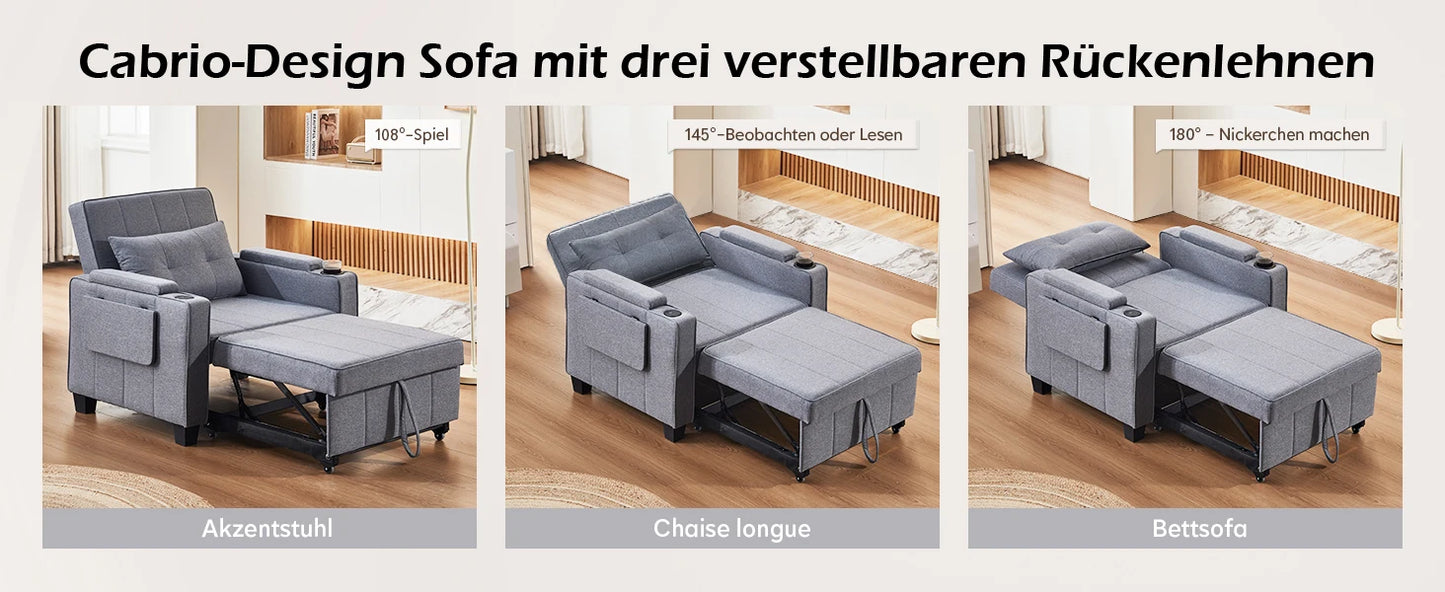 3-in-1 Sofa Bed with USB and Type-C, Adjustable Backrest TV Chair with Drink Holder and Armrest for Small Room Apartments