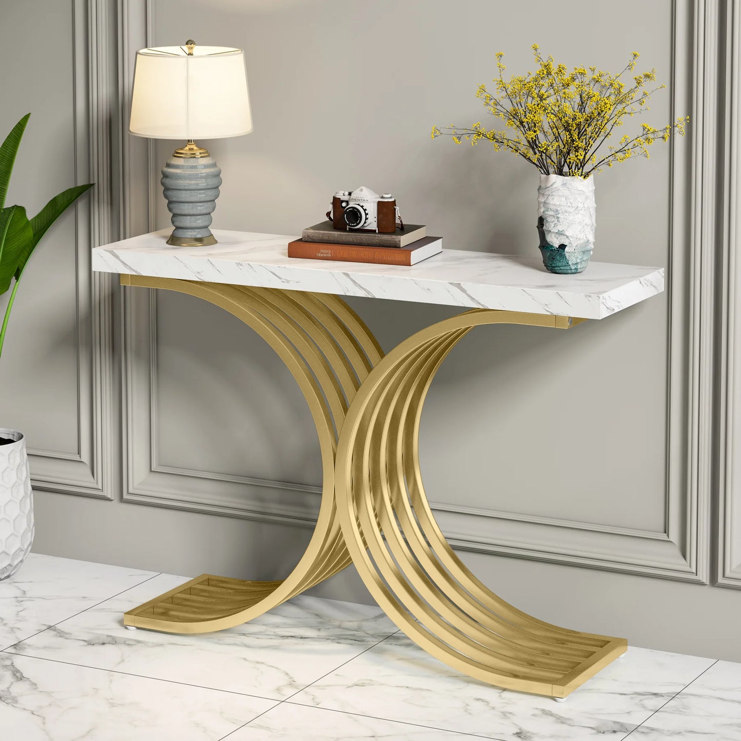 Console Axel — finition dorée, bois, marbre, métal