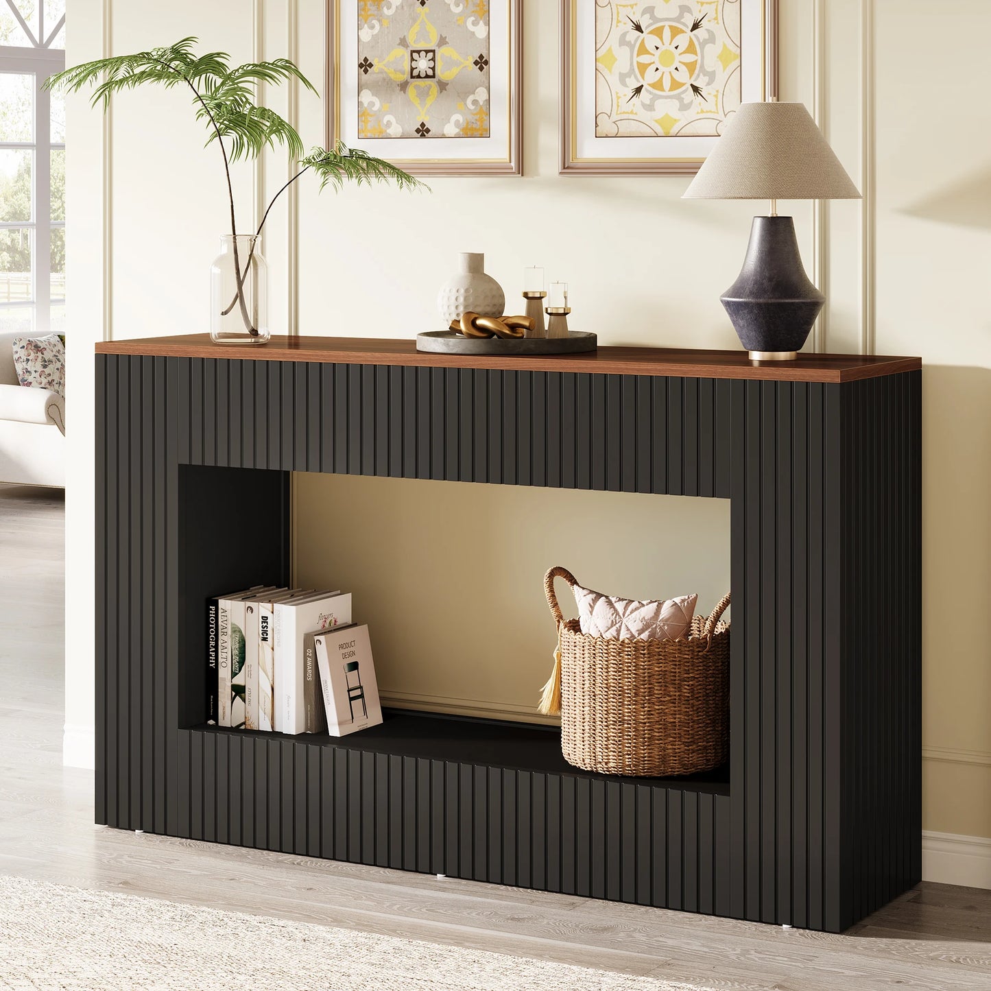 Console Damien — finition noir, bois, design contemporain, rangement intégré