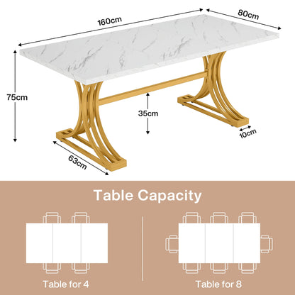 Table de salle à manger Louise — finition blanche, marbre, design contemporain, rectangulaire