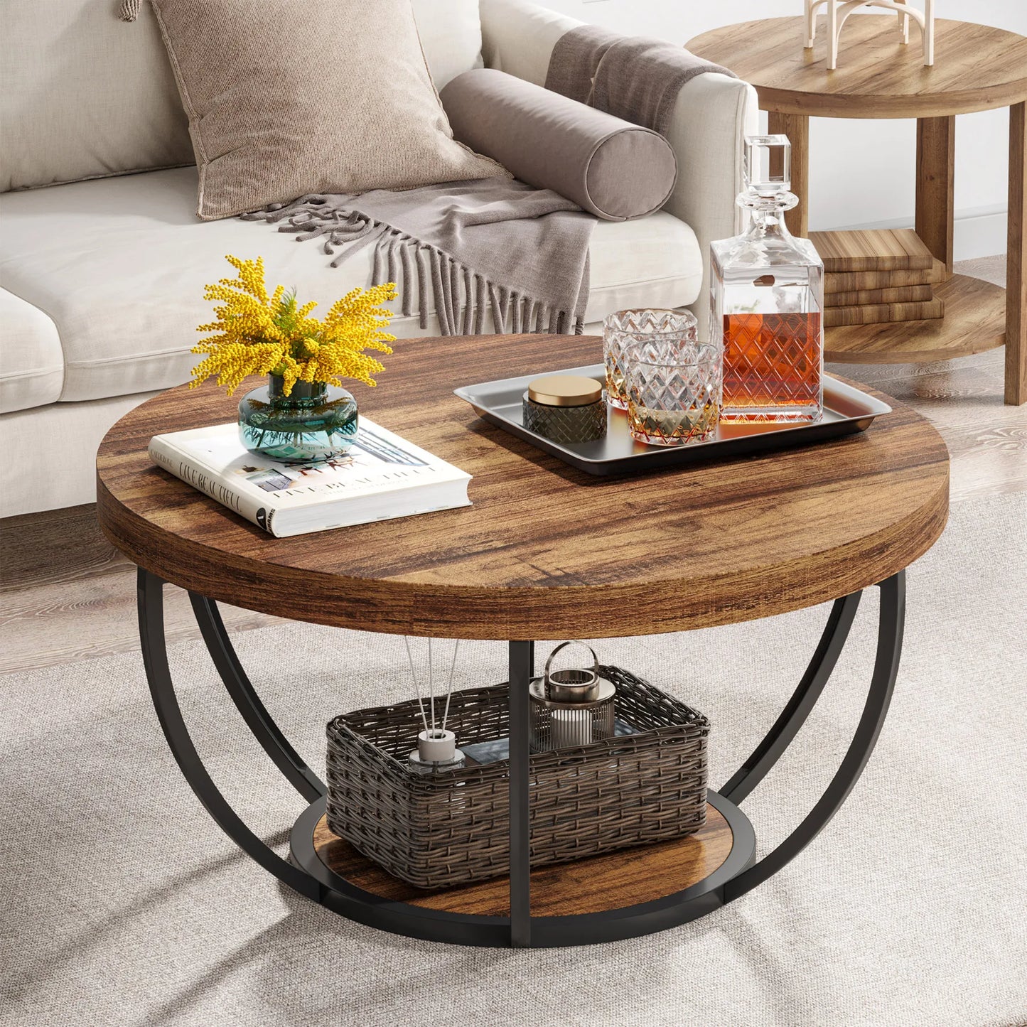Table basse Marc — bois, style industriel, rangement intégré, 2 niveaux