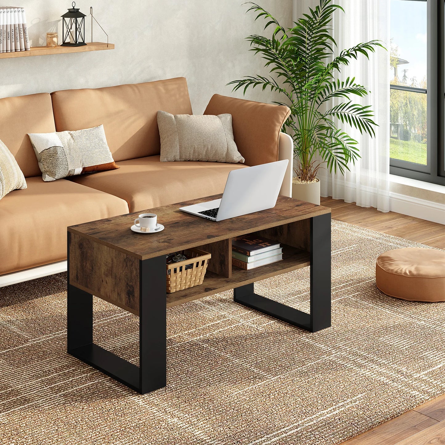 WOLTU Tea Coffee Table with Storage 2 Open Compartments Vintage Industrial Style Sofa Table Side Table for Living Room Bedroom