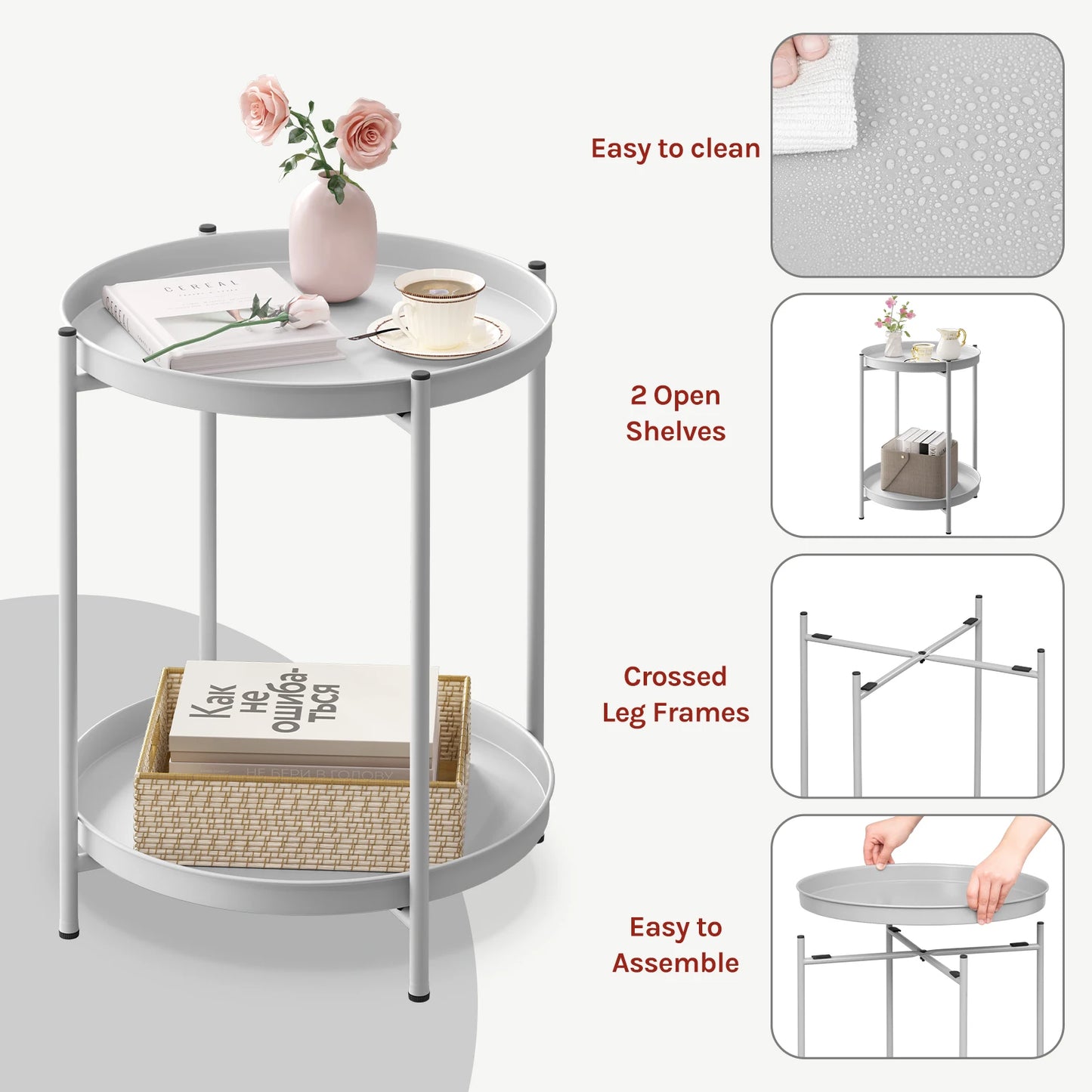 WOLTU Round Coffee Table with Storage Space 2 Removable Trays Metal Sofa Table for Living Room Modern Bedside Table for Bedroom