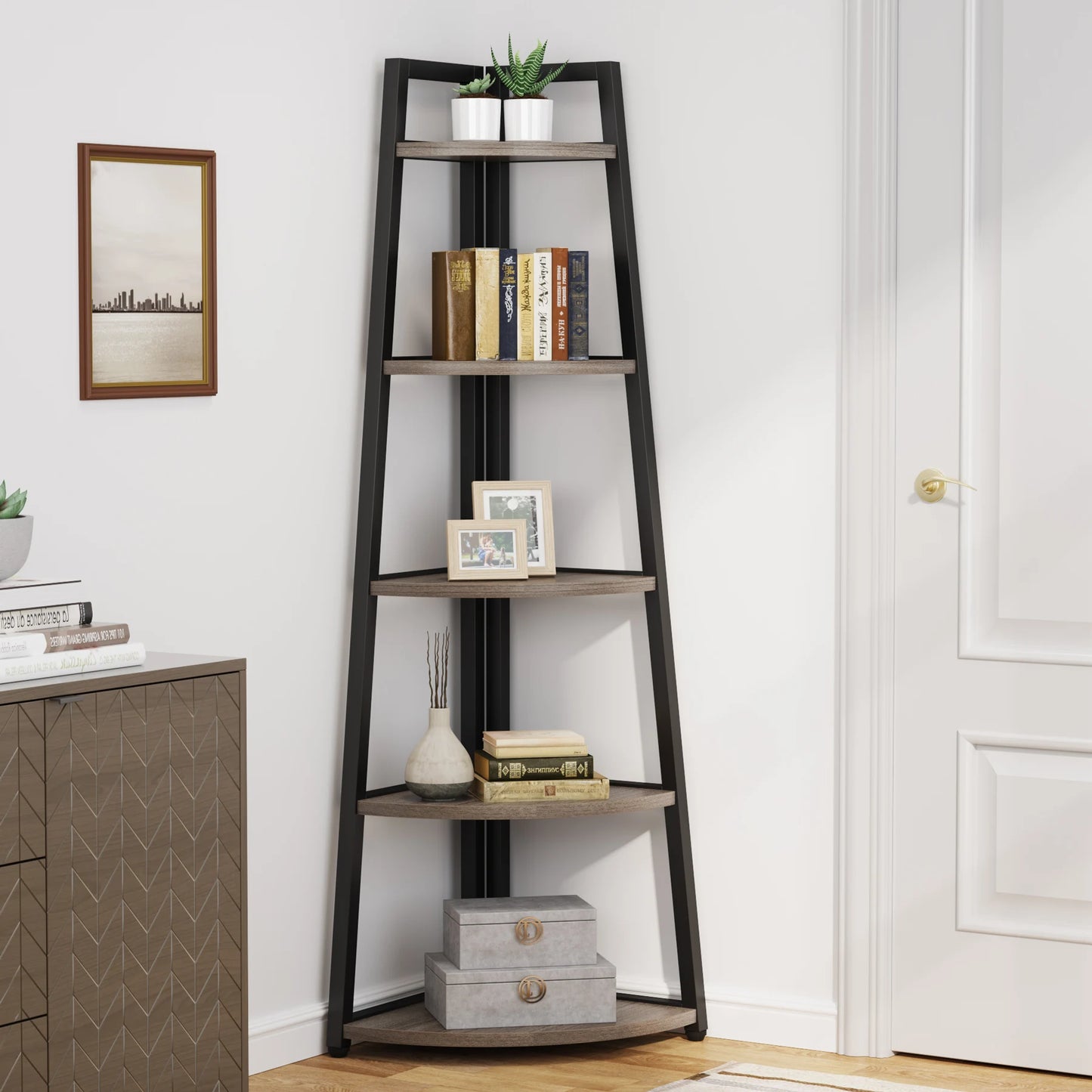 Bibliothèque Fabrice — bois, rangement intégré, meuble d'angle, étagères ouvertes