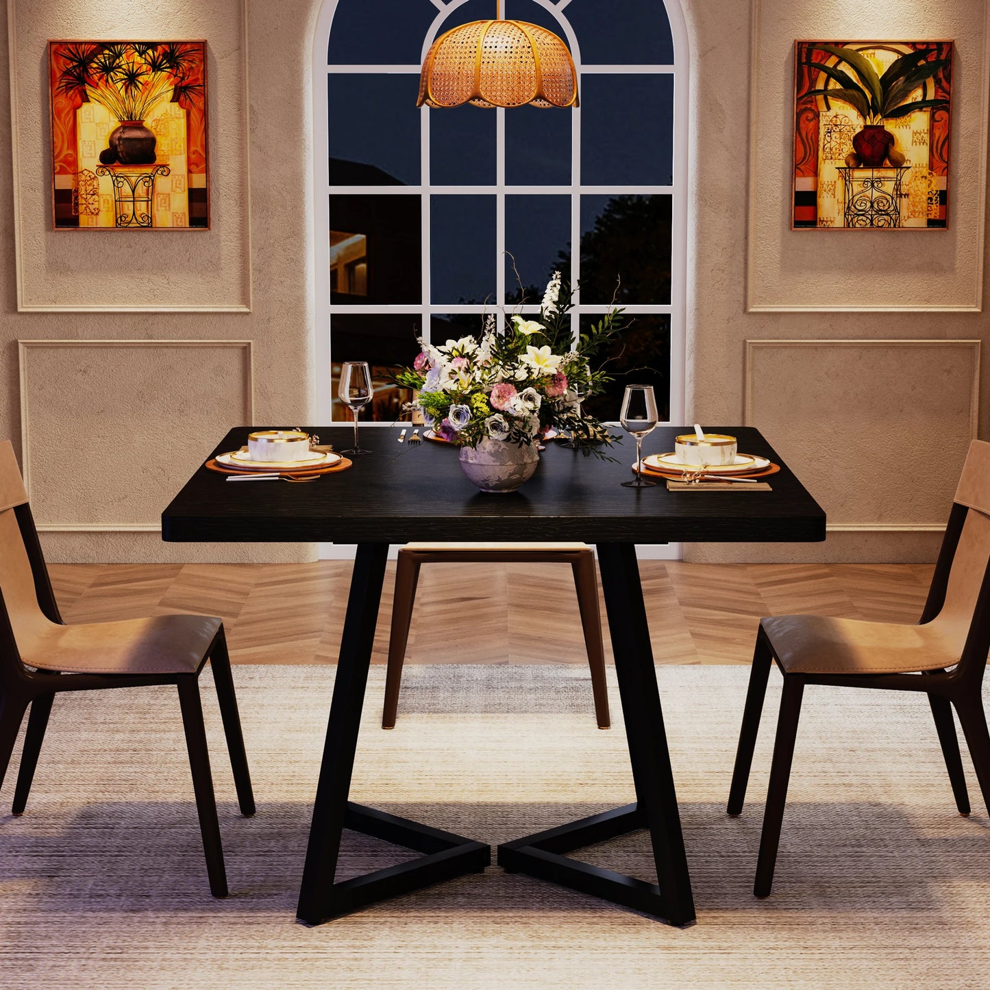 Table de salle à manger Astrid — bois, métal, style industriel, carrée