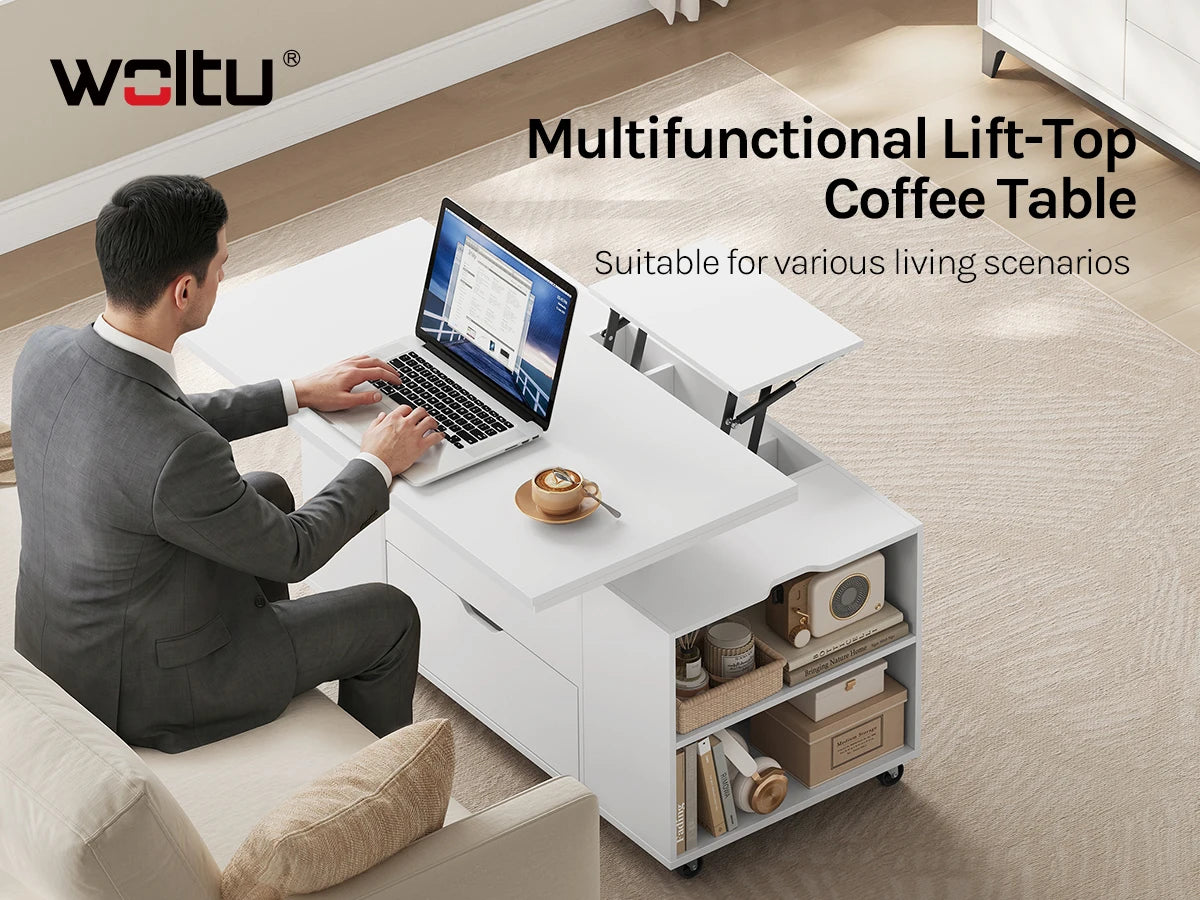 WOLTU Double Lift Top Coffee Table with Wheels Wood Sofa Table with Drawer and Storage Shelf Height-Adjustable Extendable for Living Room
