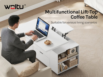 WOLTU Double Lift Top Coffee Table with Wheels Wood Sofa Table with Drawer and Storage Shelf Height-Adjustable Extendable for Living Room